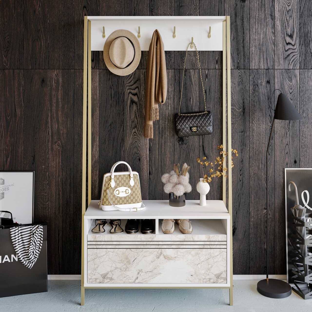 Cuier cu pantofar, Decorotika, Devin, 94 x 180 x 35.3 cm, pal melaminat, alb - imagine 6